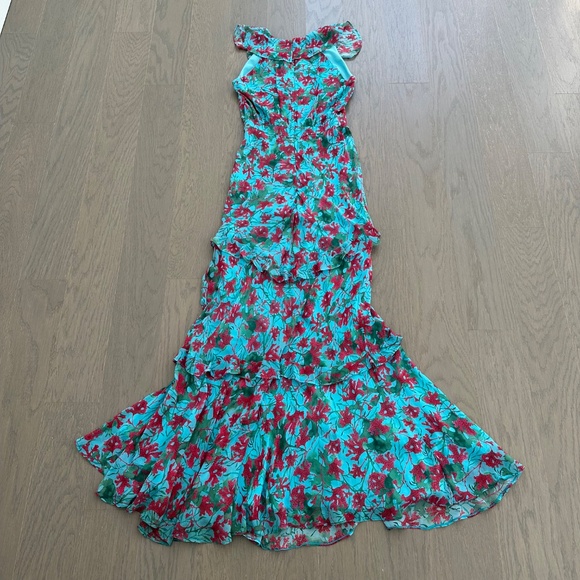 SALONI Rita Silk Maxi Dress Teal Blue Aquarium Floral Ruffle Sleeveless - US 2 - Picture 3 of 12
